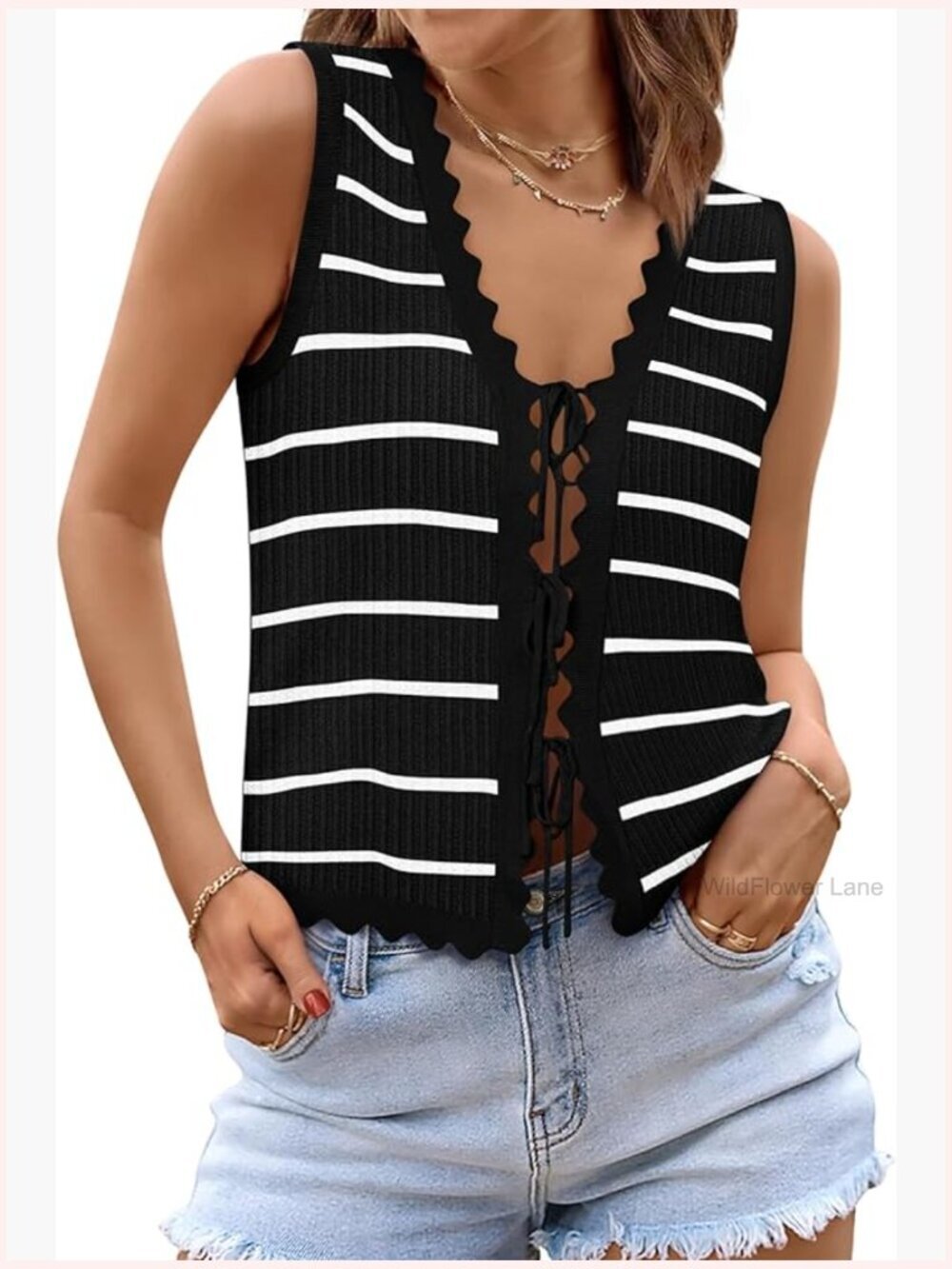 Womens Tie Front Crochet Vest Knit Sleeveless Sweater Summer Top